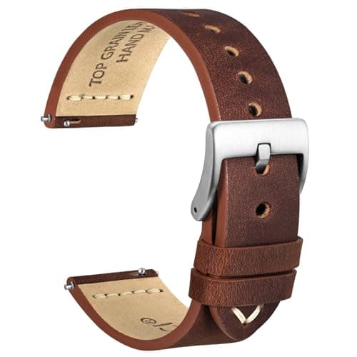 WOCCI 24mm Old-fashioned Watch Band for Men, Top Grain Leather, Silver Brushed Buckle (Pecan Brown)