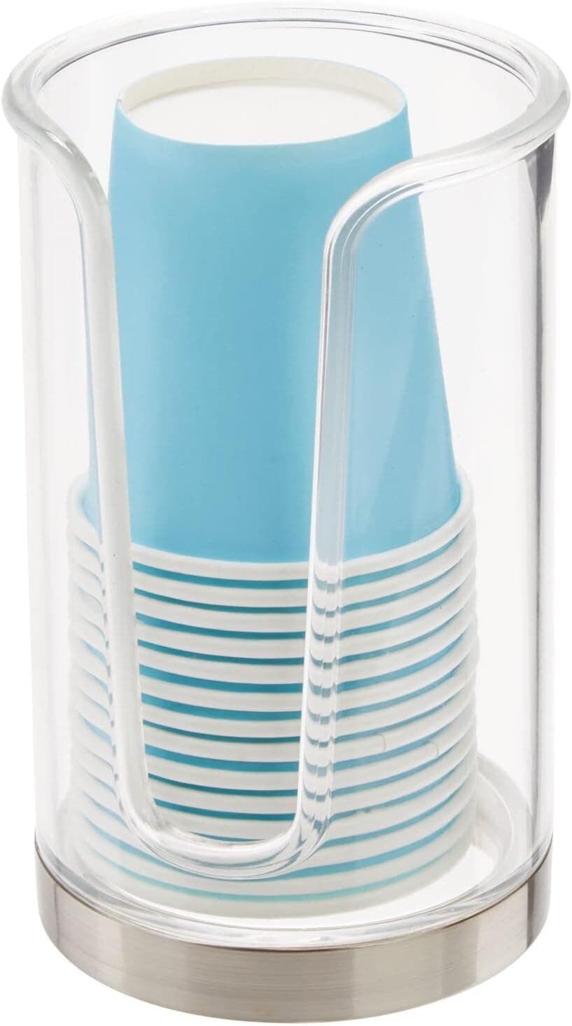 mDesign Plastic Small Compact Disposable Paper Cup Dispenser Mouthwash Rinsing Cups Storage Holder for Bathroom Vanity Countertops Makeup Table Powder Room Lumiere Collection ClearBrushed Chrome
