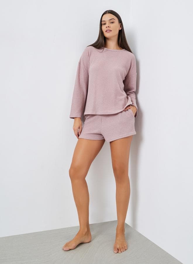 Waffle Knit Long Sleeve Top and Shorts Set