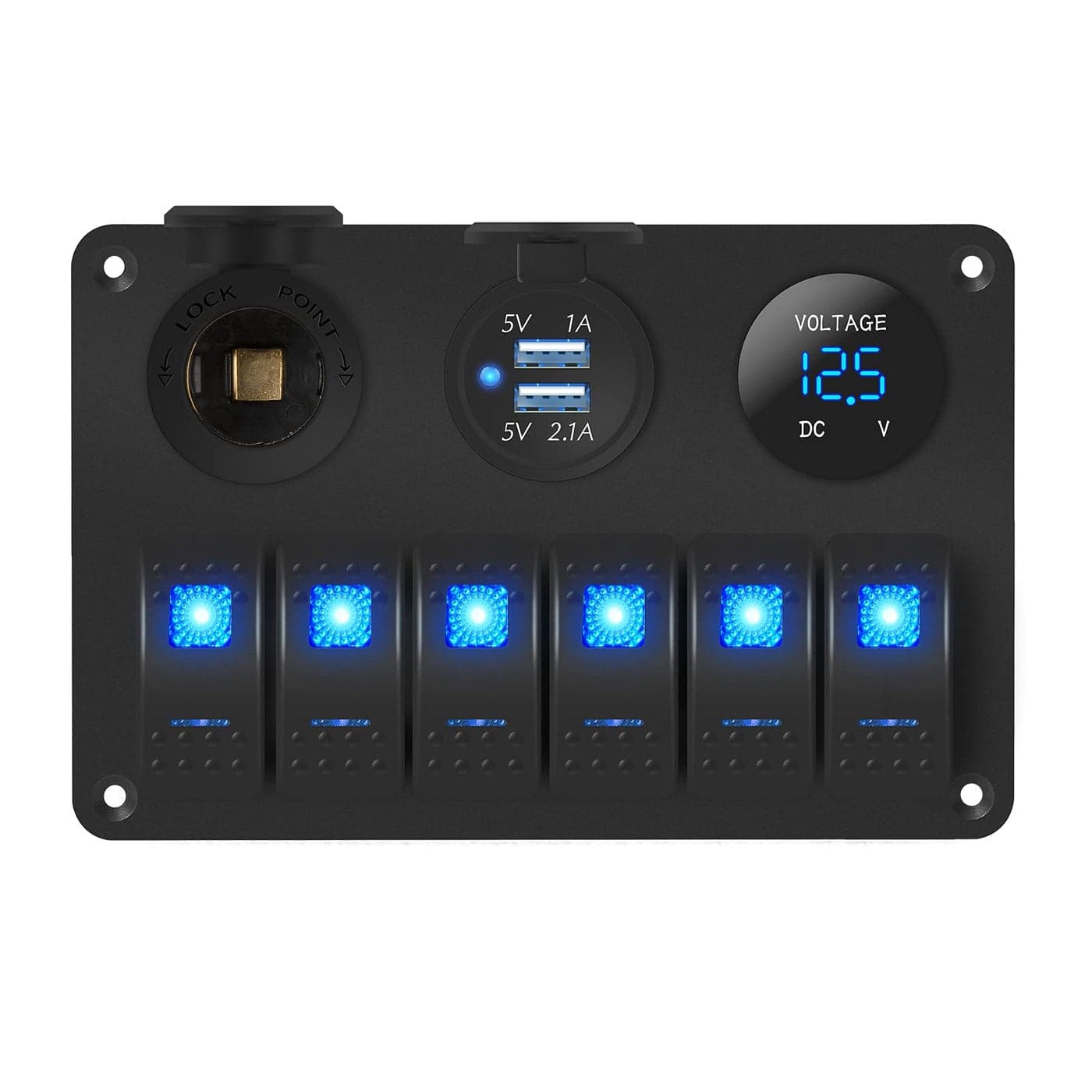 DaierTek 6 Gang Marine Rocker Switch Panel Waterproof 12 Volt Boat Toggle Switch Panel 12V Blue LED Lighted for Boat Car RV UTV with USB Cigarette Lighter Socket Voltmeter