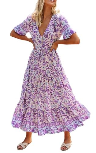R.Vivimos Womens Summer Floral Print Cotton Short Sleeve Flowy Dress (Large, Purple)