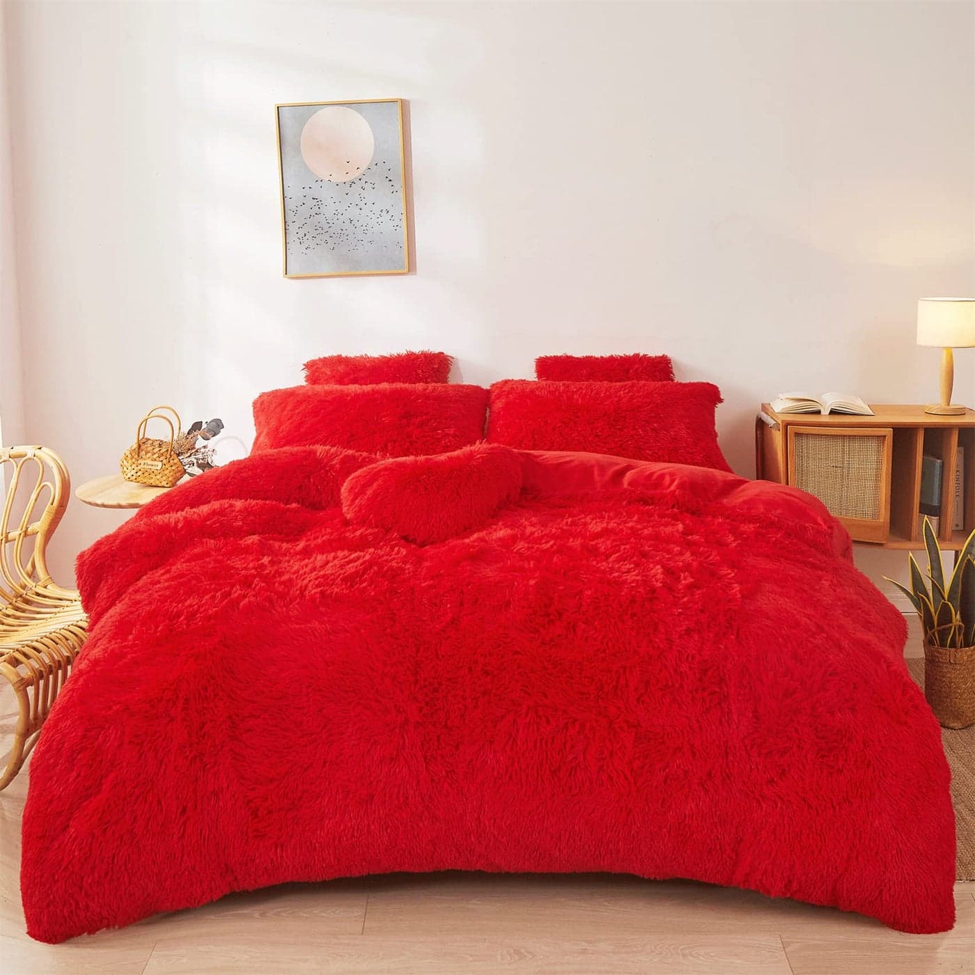 Fluffy Red comforters Cover Twin Size Ultra Soft Plush red Bedding Sets 2 Pieces 1 Faux Fur Comforter Cover 1 Fuzzy Pillow case Girls Shaggy red Twin Bed Set Red Twin