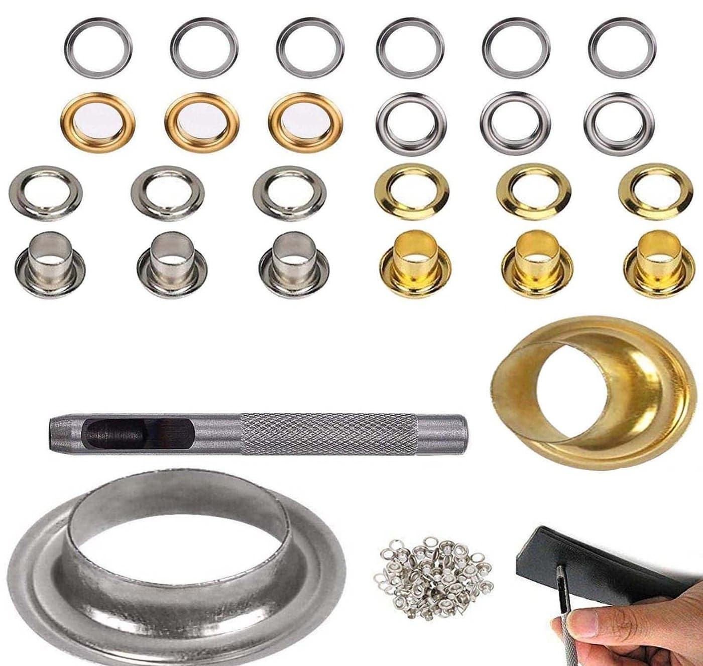 DIY Crafts 100 Pcs Mix Sizes, Silver Brass Made, Grommet Installation Setting Tool Kit Set Leather Hole Punch Setting Tool (M (100 Pcs Mix Sizes, Silver Brass Made)