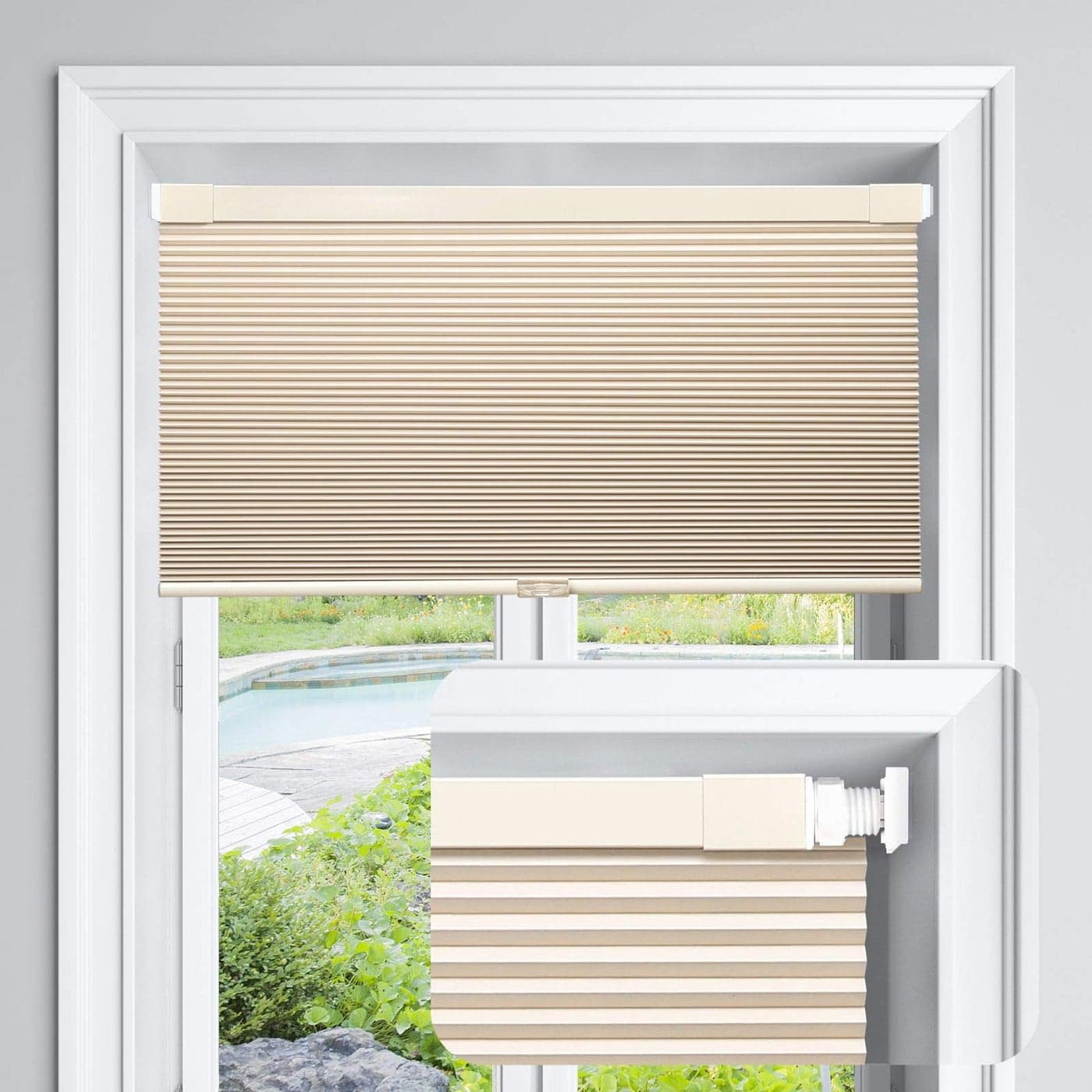 LazBlinds Cordless Cellular Shades No Tools No Drill Blackout Honeycomb Shades Pleated Blinds for Windows 22 W x 64 H Soft Cream
