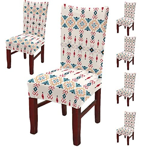 BRIDA® Polyester Spandex Stretchable Floral Geometric Printed Dining Chair Covers Elastic Chair Seat Case Protector, Slipcovers (6 Chair Cover, Ethnic Arrow)