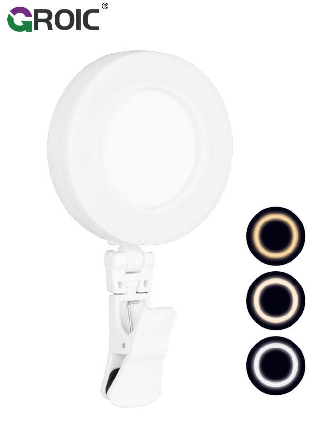LED Rechargeable Selfie Light, Video Phone Light Clip, 3 Lighting Mode Ring Mini Portable Clip on Fill Lights for iPhone, Cell Phone, Laptop, TikTok, Selfie, Conference, Camera