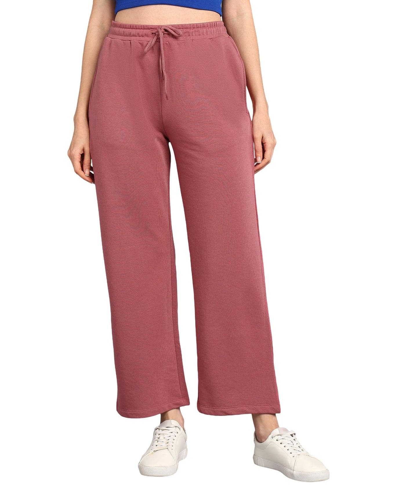 Alan Jones Clothing Women Mid Rise Solid Relaxed Fit Wide Leg Track Pants | Heavy Gsm Cotton Blend | Elastic Waist With Drawstring, Side Pockets (Pink_2Xl)