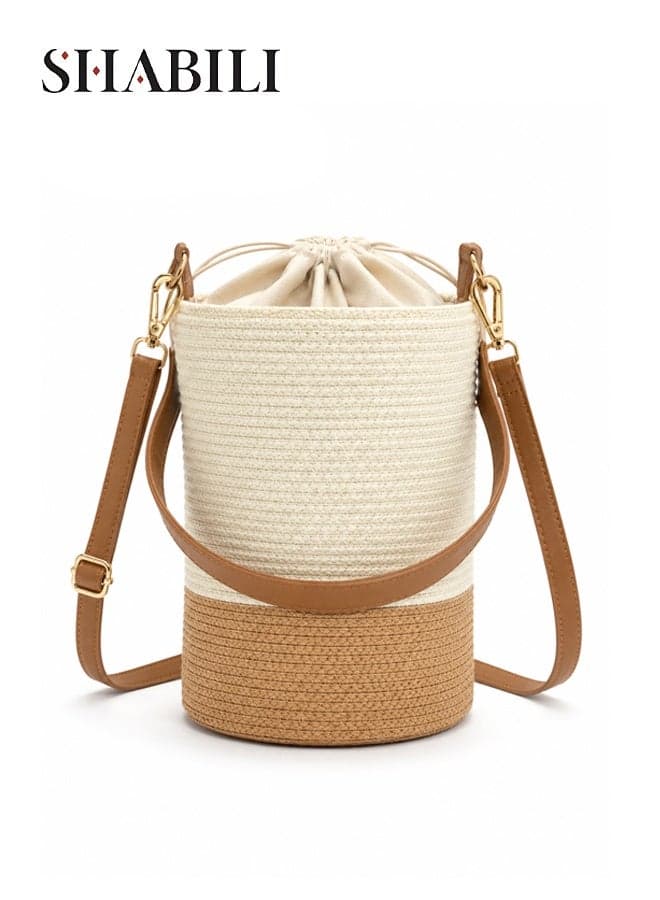 Women PP Bucket Bag Shoulder Bag Crossbody Tote Handbag with Large-Capacity Multi-Pocket Storage, Woven Straw Braided Color-Block Patchwork Design, Ladies Casual Daily Party Travel Beach Cross Bags