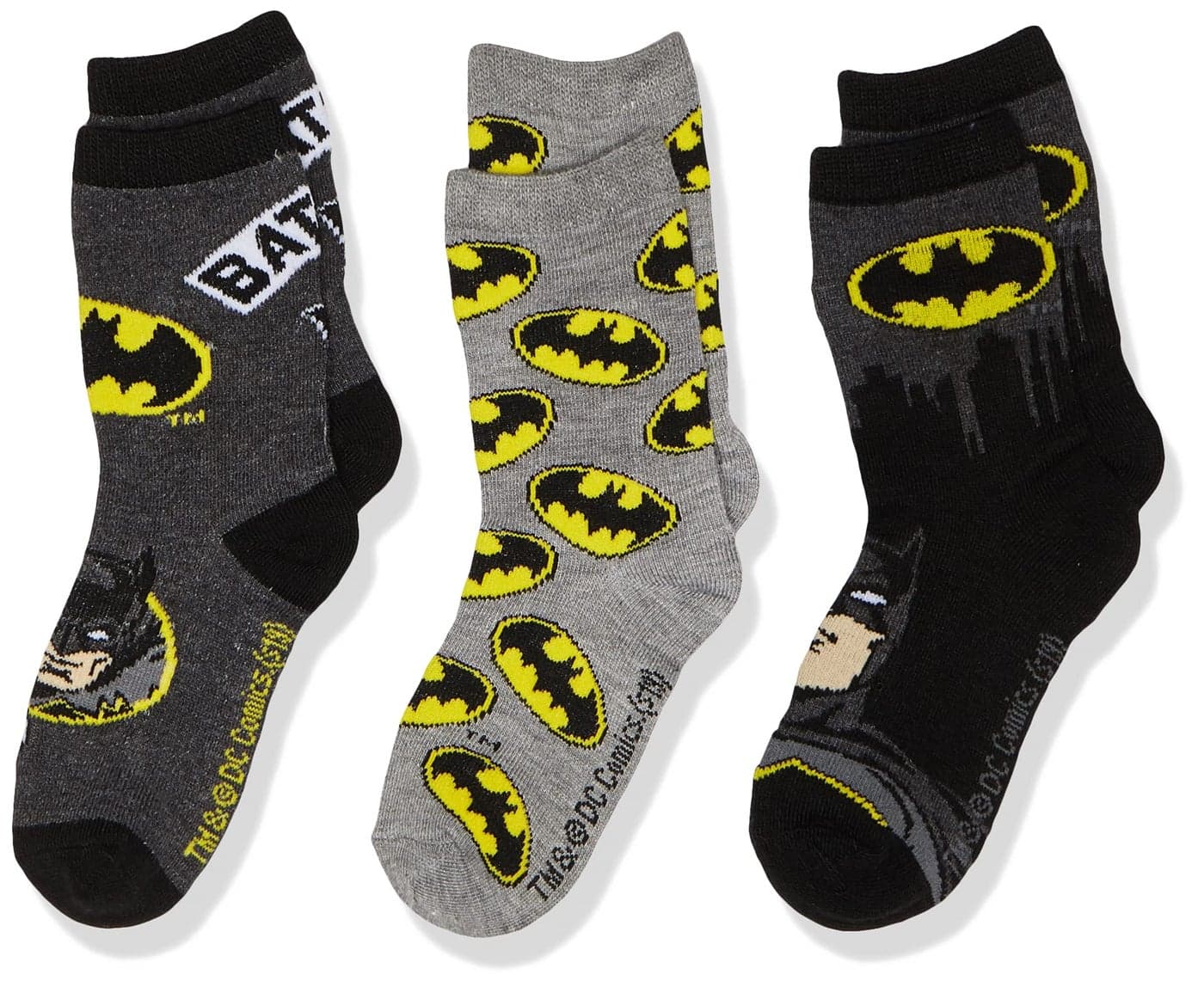 BATMAN Boys Bat Signal 3 Pack Crew Socks, Black Assorted, 6-8.5