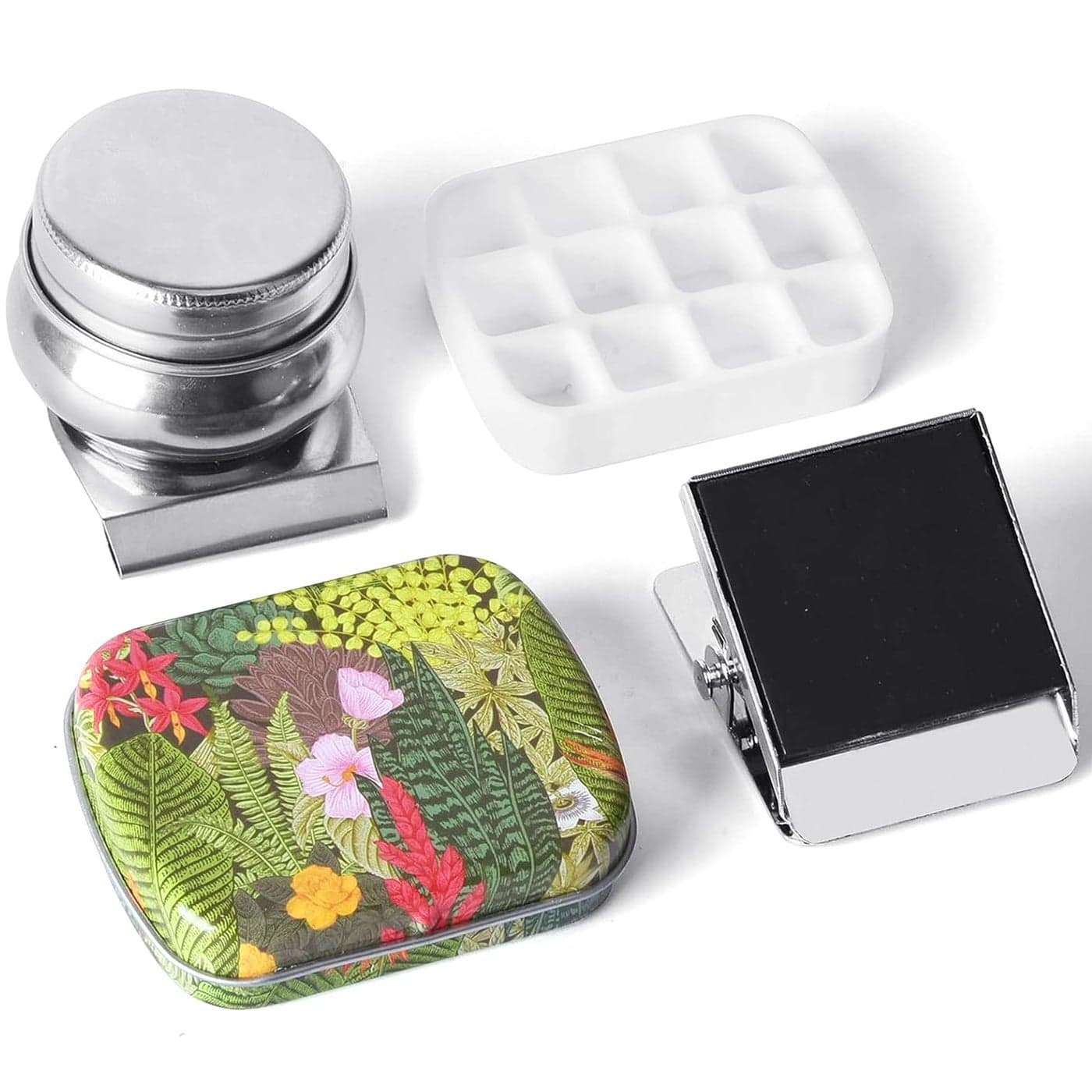 Portable Mini Tin Box12Well Empty Watercolor PaletteSmall Paint Storage Travel Artist Outdoor Sketch Watercolor Kits with Magnetic Clip and Oil Pot Selva