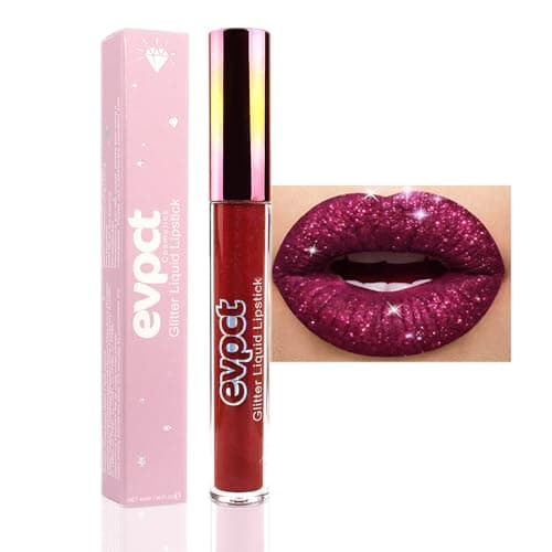 evpct 1Pcs Dark Red Glitter Metallic Shimmer Diamond Lipstick Lip Gloss Stain Set for Women Long Lasting Waterproof Hot Bright Red Sparkle Glitter Matte long wear Liquid Lipstick Lip Makeup Kit