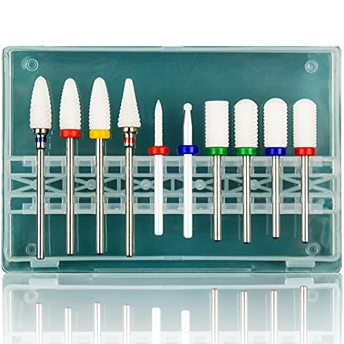 Feecy Nail Drill Bits Set Ceramic for Acrylic Nails Gel Polish Professional, 3/32 Inch Efile Nail Drill Bits Kit for Cuticle Safety Barrel Nail Art Tools with Holder, 10pcs (S10-C)