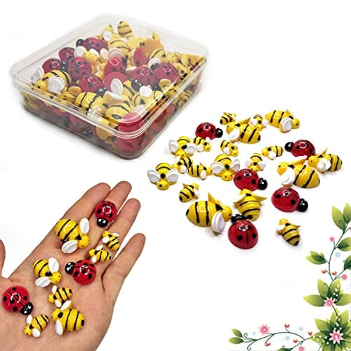 glacely 100 Pcs Tiny Resin Bees LadybugsIncluding 50 Pcs Resin Bee Ornaments 50 Pcs Resin Ladybugs Decors with Storage Box for DIY Crafts Wreath Party Home Decoration