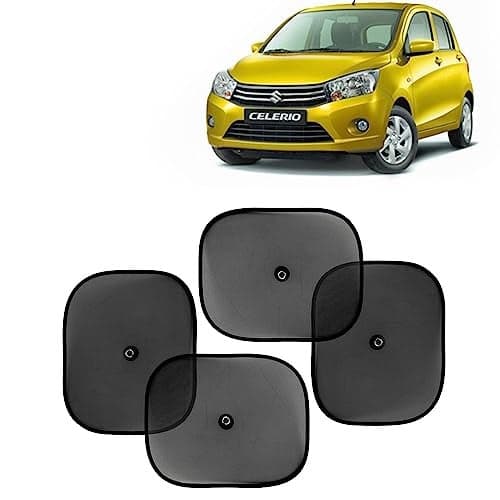 KINGSWAY Car Window Curtain Sticky Sun Shades Compatible with Maruti Suzuki Celerio, (Year 2014-2021), Universal Fit Sunshades for Side Window, Rear Window, Black Color, 4 Pieces