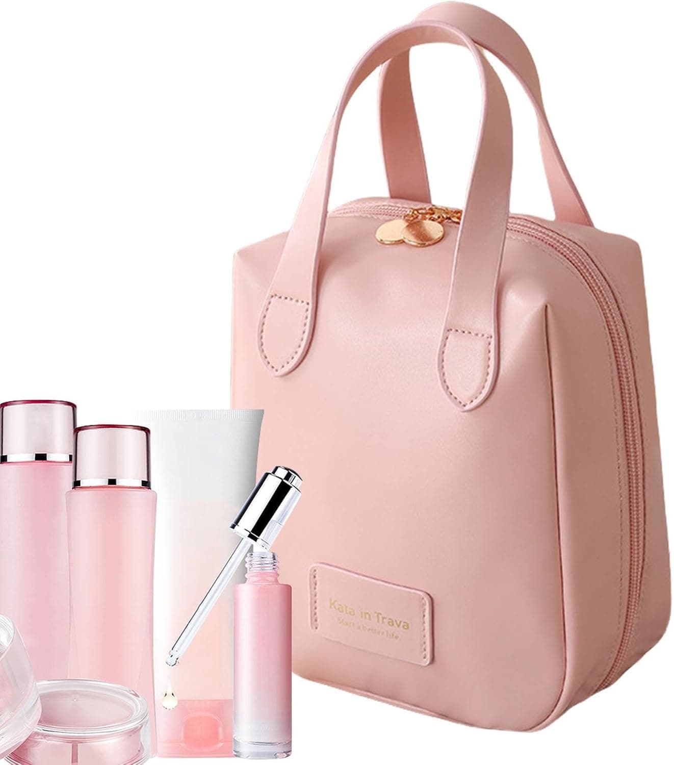 BLURISM Handheld Makeup Bag Portable Large Capacity Storage Bag Cosmetics Bag Travel Toiletry Bag Organizer for TravelSize Accessories Bottles BrushesConditioner Skin Care Products Pink