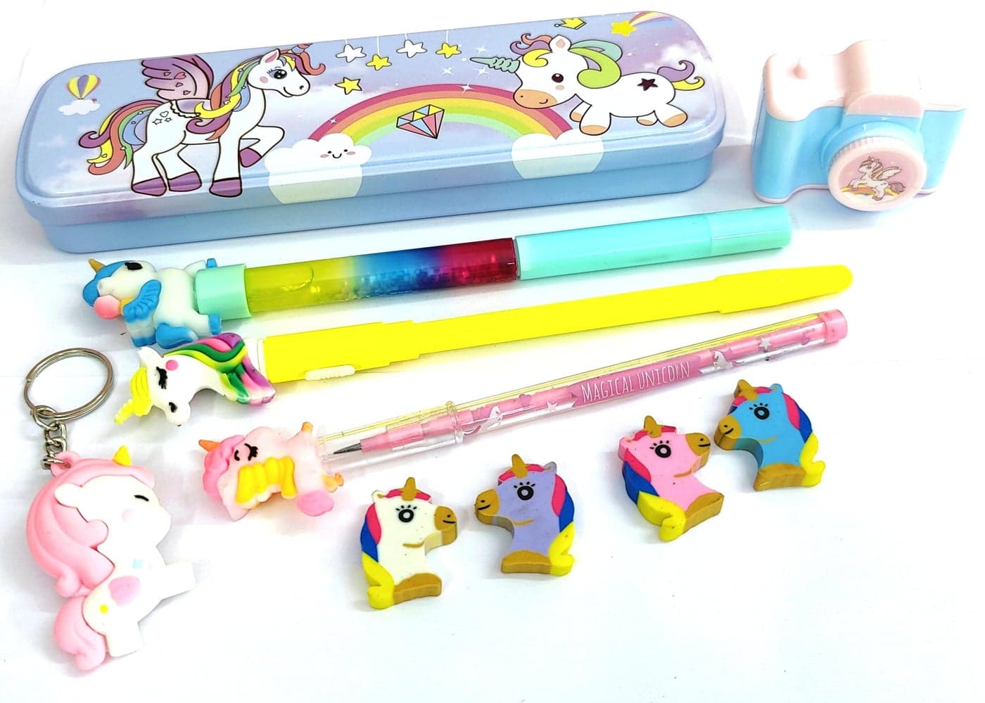 TERA 13 Unicorn Pencil Box with Stationery (Pack of 7 Items) Steel Pencil Box with Glitter Pen Pencil Sharpener Eraser Keychain & Led Pen, Unicorn Stationery Combo for Girls, School Supplies Set