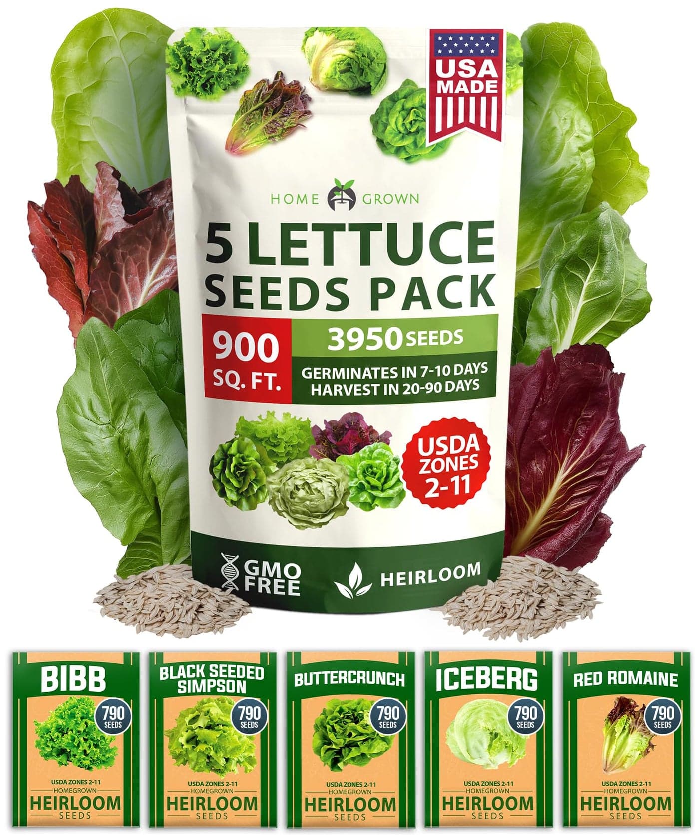 HOME GROWN Lettuce Seeds 5 Variety Mix 3950+ Bulk Pack Heirloom Non-GMO, High Germination, Romaine, Bibb, Buttercrunch, Iceberg, Black Seeded Simpson, Indoor Outdoor Hydroponic Garden (Lactuca sativa)