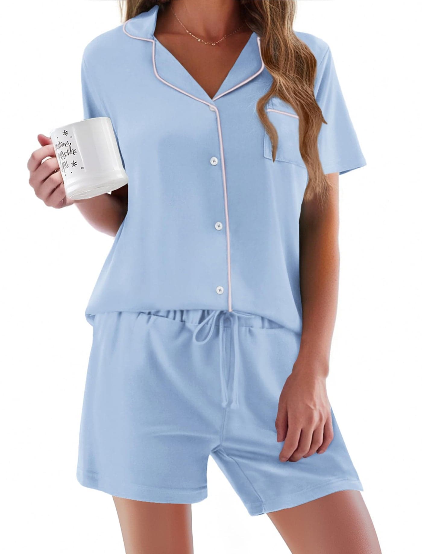 Ekouaer Pajamas Set for Women Short Sleeve Sleepwear Button Down Pjs Soft 2 Piece Lounge Sets Light Sky Blue Small