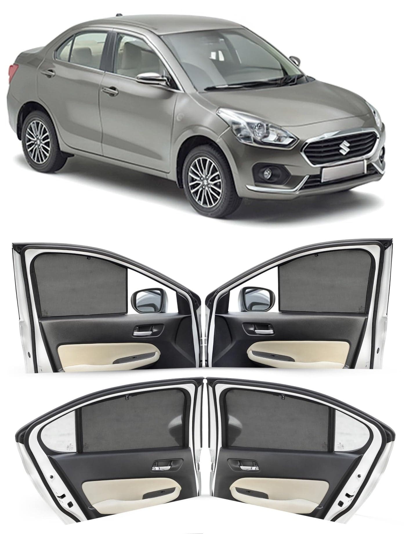 Autofact Car Sunshades for Maruti Swift Dzire (2017 to 2024), UV Protection, Useful Car Accessories, Custom fit Sun Shades for Side Windows, Set of 4