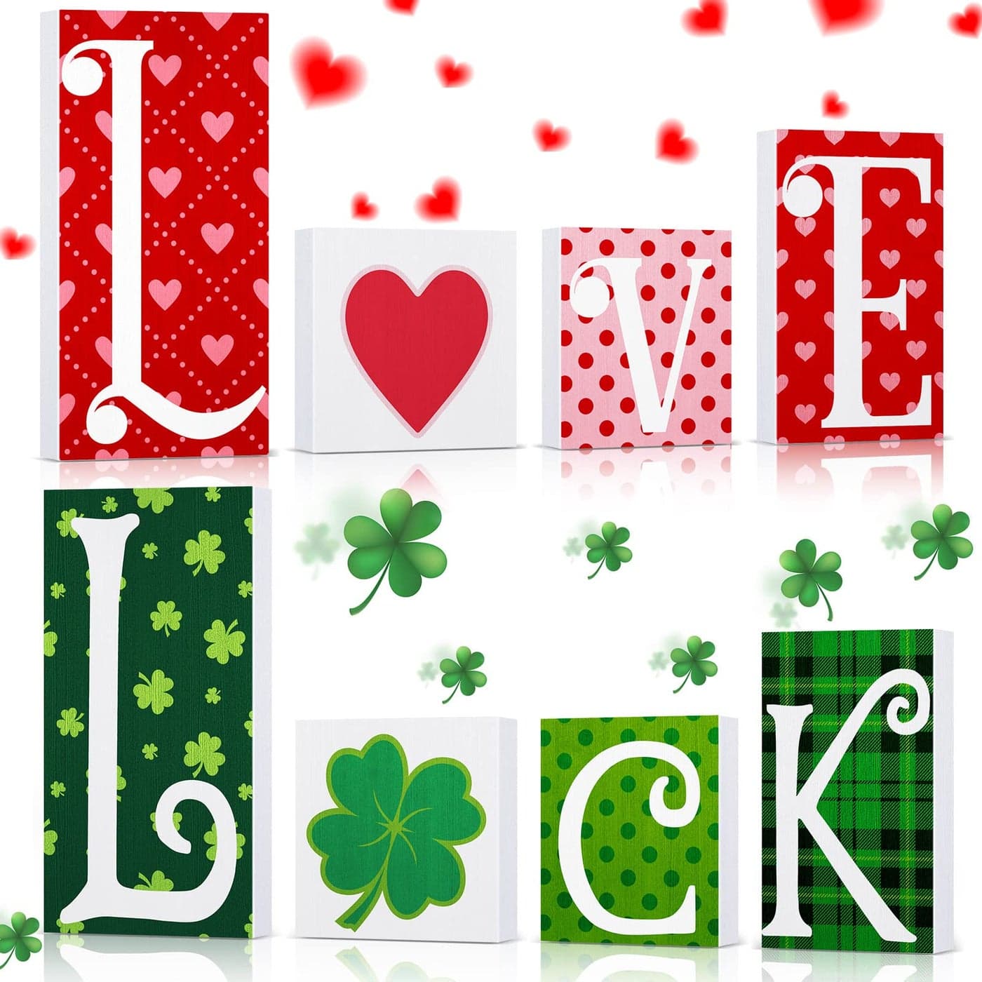 Valentines Day Tiered Tray Decor Reversible St Patricks Day Wooden Sign Love Luck Heart Shamrocks Self Standing Blocks Table Centerpiece Decor Farmhouse Love Luck Sign for Kitchen Tiered Tray