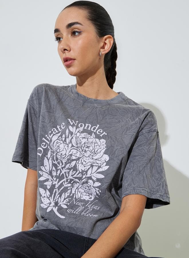 Grey Acid Wash Oversized Graphic Cotton T-Shirt