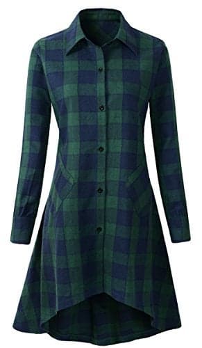olrain Womens Plaids V Neck Long Sleeve Irregular Hem Casual Shirt Dress (X-Large, Ngreen)