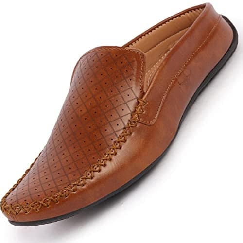 FAUSTO FST FOSME-2027 TAN-41 Men's Tan Stitched Block Pattern Back Open Slip On Loafer Shoes (7 UK)