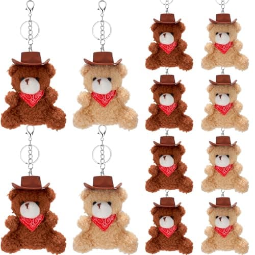 Nosiny 12 Pcs Plush Cowboy Bear Keychain Western Cowboy Party Favors Keychain with Hats and Mini Bandana for Birthday Party
