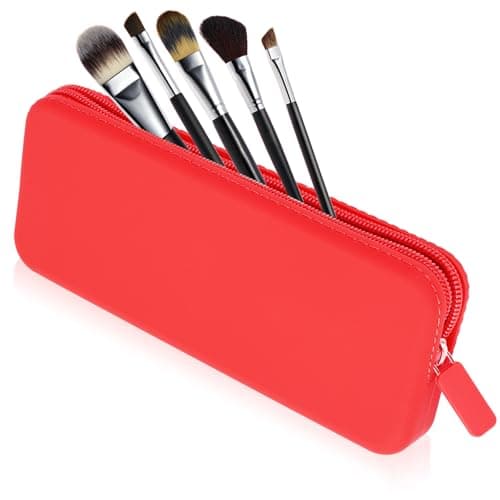 Sakolla Travel Makeup Brush Holder, Waterproof Silicone Makeup Brush Bag with Zipper Closure, Soft Portable Makeup Brushes Organizer, Small Cosmetic Bag for Daily Work (Red)