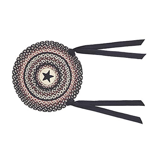 VHC Brands Colonial Star Round Seat Cushion Chair Pad, Tan Black Red, Jute Blend with Ties, 15x15 Inches