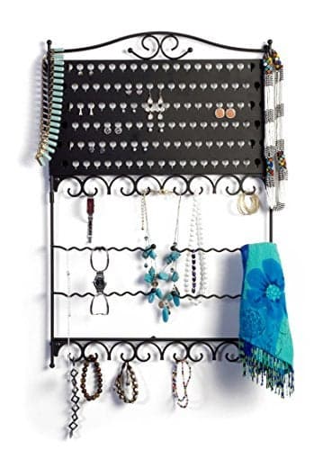 Mango Steam Deluxe Wall Mounted Closet/Wardrobe Display Hanger Organizer for Jewelry & Earrings With Hooks & Bar for Necklaces, Bracelets, Accessories - Black