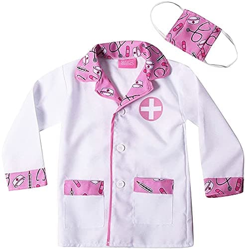StoryBook Wishes Kids Doctor Coat Face Mask for Costume Dress Up Pink and White Size 24