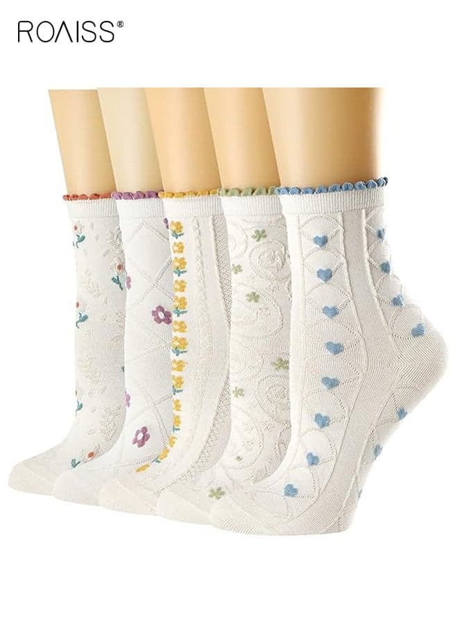 Women's 5 Pairs Crew Socks Casual Cotton Cute Socks Fun Novelty Girl Embroidered Floral Ankle Socks Soft Multipairs Irregular Ankle Socks 5 Pack Breathable