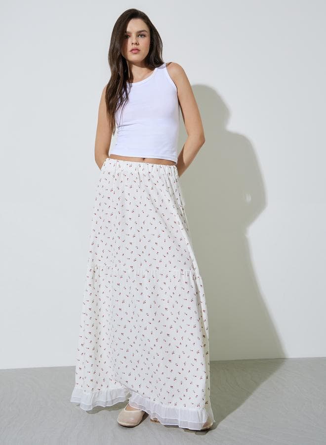 White Ditsy Print A-Line Maxi Skirt