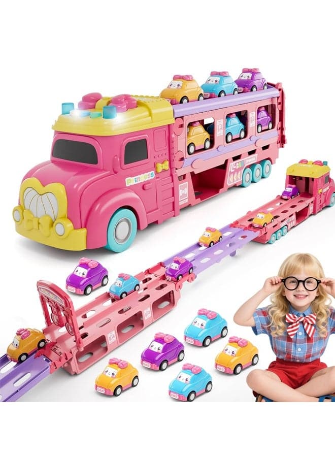 Carrier Truck Toys for Kids, Princess Foldable Hauler Track Ejection Car and 6 Carton Car with Light&Sounds, Truck Toy Child Toys for 3 4 5 6+ Year Old Girls-Pink