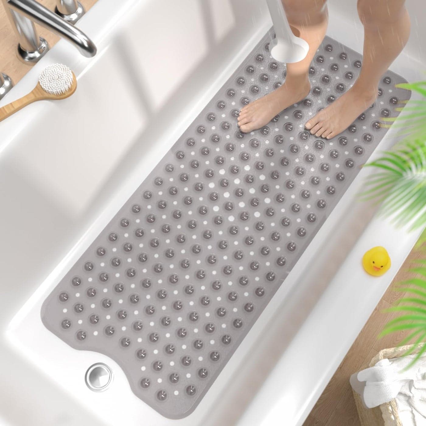 HITSLAM Non Slip Bath Mat for Tub 101 x 40cm Extra Long Shower Mat Anti Mould Machine Washable Bathroom Bathtub Mat with Suction Cups and Drain Holes Soft on Feet Clear Grey