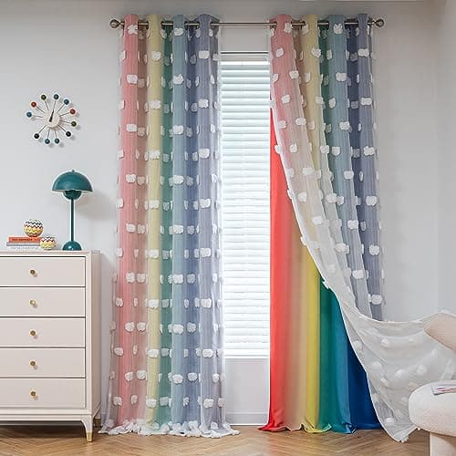 MYSKY HOME Rainbow Curtains for Boys Bedroom Kids Curtains Pom Pom White Sheer Window Curtains Double Layer Solid Nursery Curtains 84 Inches Length Room Darkening Grommet 2 Panels, W52 X L84