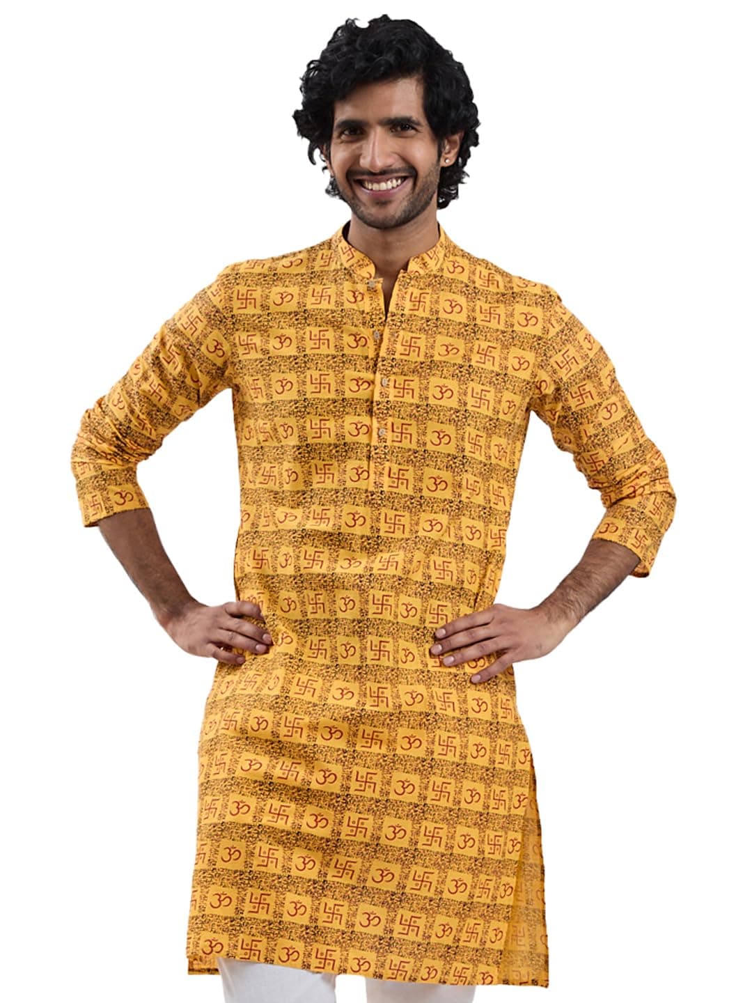 VASTRAMAY Men’s Om & Swastika Kurta – Lightweight Ethnic Wear for Pujas, Shivratri & Festive Occasions Yellow