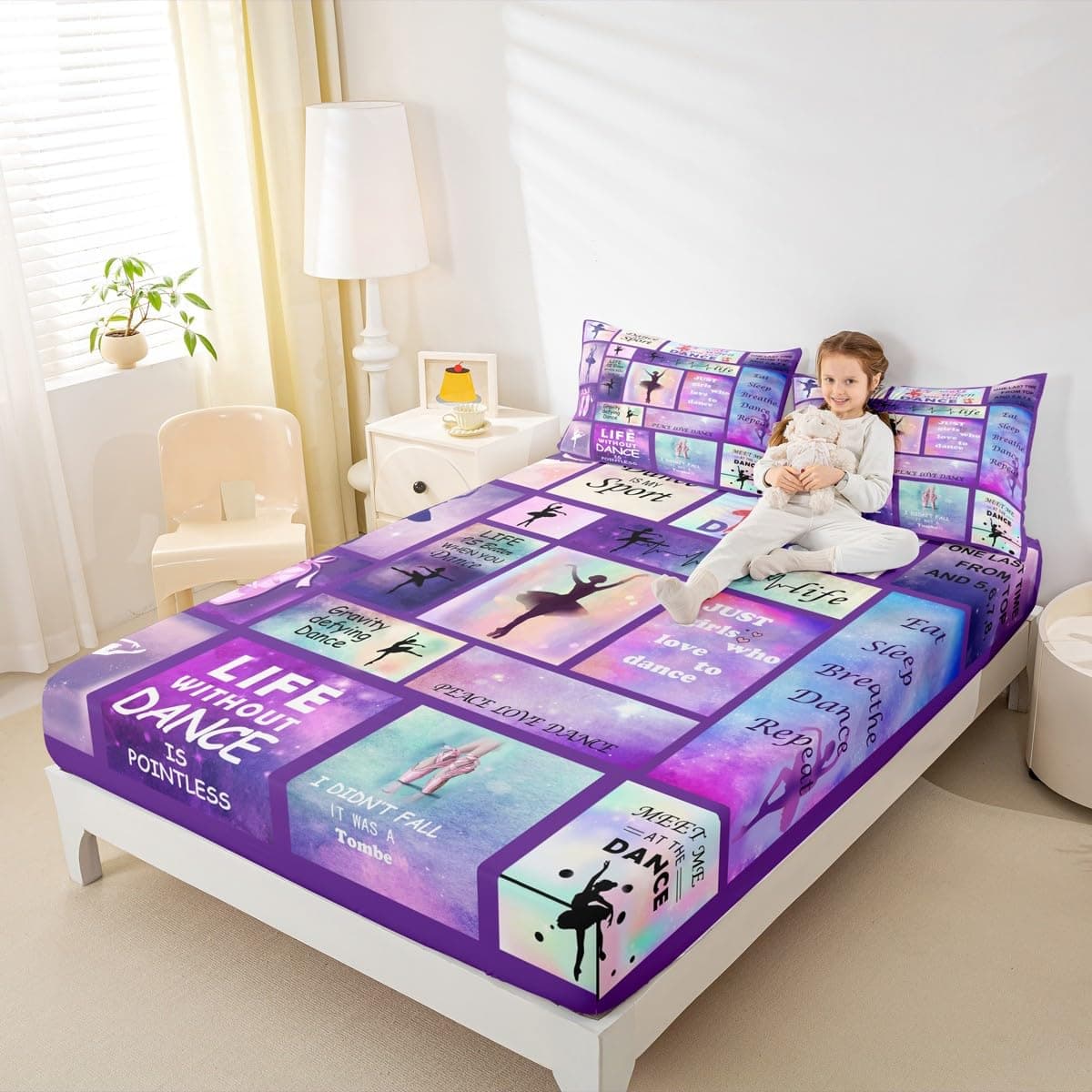 Gymnastic Dance Lovers Fitted Sheet Twin SizeBallet Spin Feminine Bedding Set for Kids Girls Women Home Room DecorCheck Splicing Fashion Bed CoverPurple Dreamy Bed Sheet1 Pillowcase