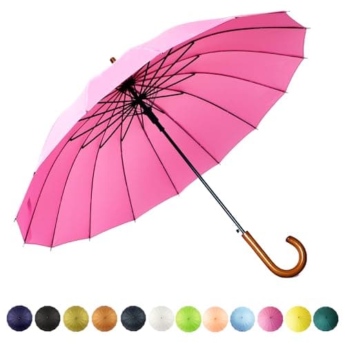 SoulRain 16 Ribs 48 Stick Umbrella Auto Open Solid Color Fashionable and SimpleArc Classic Wood HandleWindproof Unbreakable Stick Rain Umbrella Cool Pink