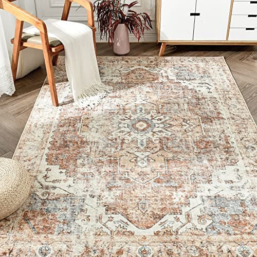 JINCHAN Area Rug 8x10 Washable Living Room Rug Vintage Indoor Large Floor Cover Distressed Lightweight NonSlip Low Pile Thin Mat Accent Stain Resistant Carpet for Bedroom Dining Room Office Brick Red