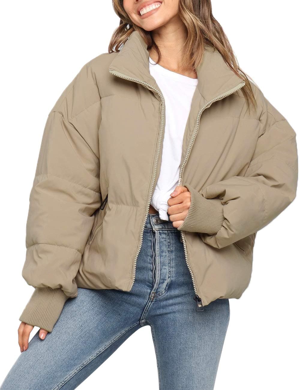 MEROKEETY Womens 2025 Winter Long Sleeve Zip Puffer Jacket Pockets Baggy Short Coats Khaki M
