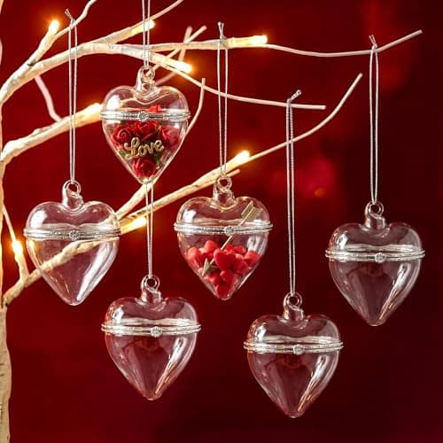 Gemscream 6 Pcs Hinged Glass Clear Heart Ornament Valentine's Day Fillable Ornament That Open Orb 3.6 Inch Romantic Clear Glass Box Hanging with Opening for Valentine's Wedding DIY Holiday Decorations