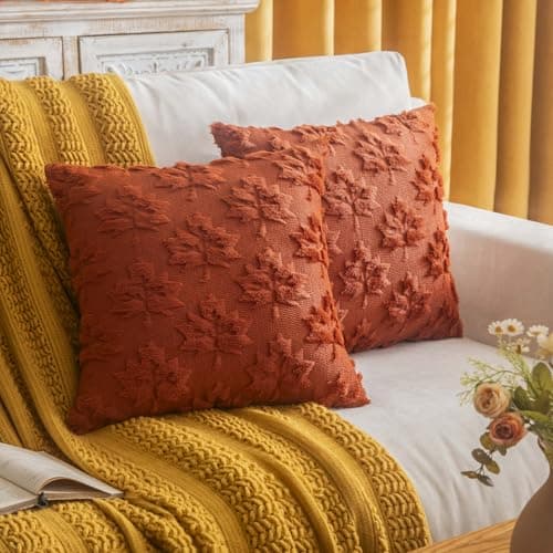 COSIBONO Maple Leaf Fall Throw Pillow Covers 18"x18" Set of 2, Caramel Farmhouse Decorative Pillow Covers for Autumn Harvest Holiday Accent Pillow Cases, Faux Fur Pillow Covers for Couch Bed Room