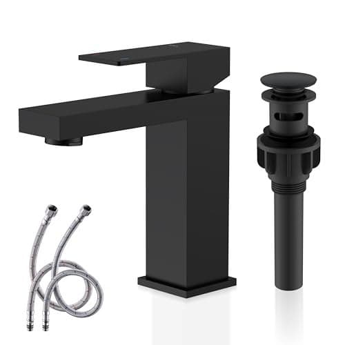 KENES Matte Black Single Handle Bathroom Sink Faucet, Stainless Steel Vanity Faucet for Bathroom Sink, with Pop Up Drain Stopper & Water Supply Hoses LJ-9031-2