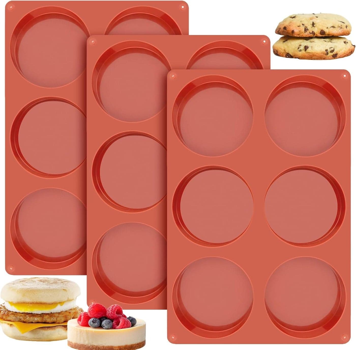 Ocmoiy 4 Inch Silicone Egg Molds for BakingJumbo Muffin Top Pans 3 Pack NonStick Large Round Molds for Hamburger Bun English Muffin Tarts Pies Corn Bread Egg Sandwich Breakfast