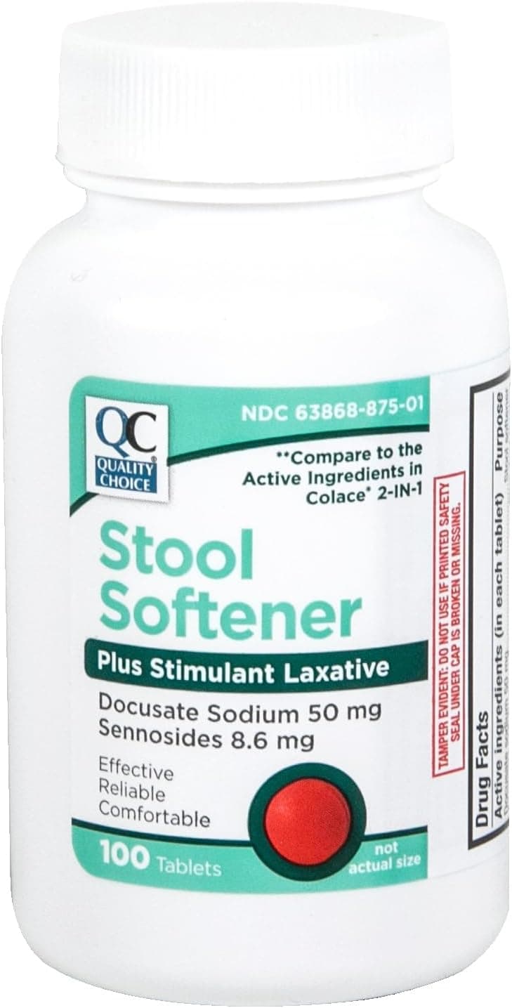 Quality Choice Stool Softener Plus Laxative for Gentle and Effective Relief from Constipation Dual Action Docusate Sodium 50 mg and Sennosides 86 mg Formula 100 Tablet Value Bottle