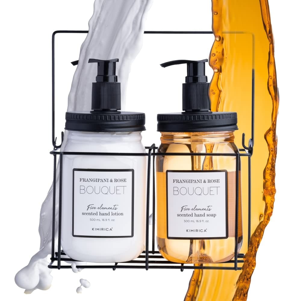 Kimirica Bouquet Hand Wash Hand Lotion Duo set with Metal Caddy Goodness of Frangipani and Rose 100 Vegan Paraben Free Gifts for Women Men Long Lasting fragrance Luxury Gift Hamper with Premium Packaging