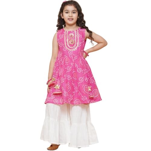 Naixa Girls Pink Rayon Round Neck Sleeveless Flared-Fit Floral Printed Kurta and Sharara with Dupatta Set | Traditional Printed Salwar Suit Set for Girls (SE44_11-12 Year)