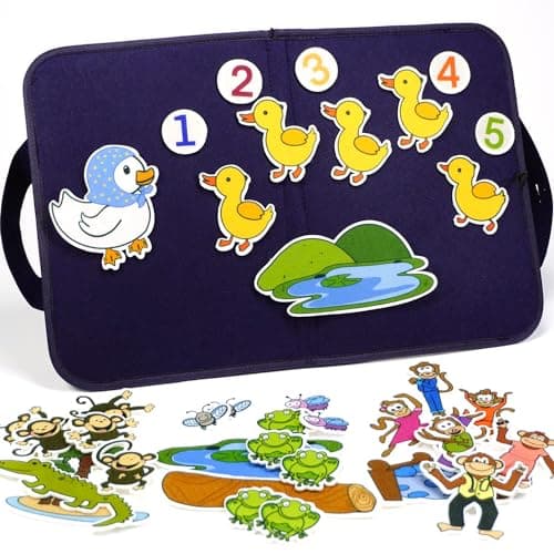 CHEFAN Felt Board for Toddlers Felt Pieces Storytelling Flannel Board with 5 Little Ducks 5 Little Monkeys and 5 Green Speckled Frogs Stories for Preschool Activities 4 Sets